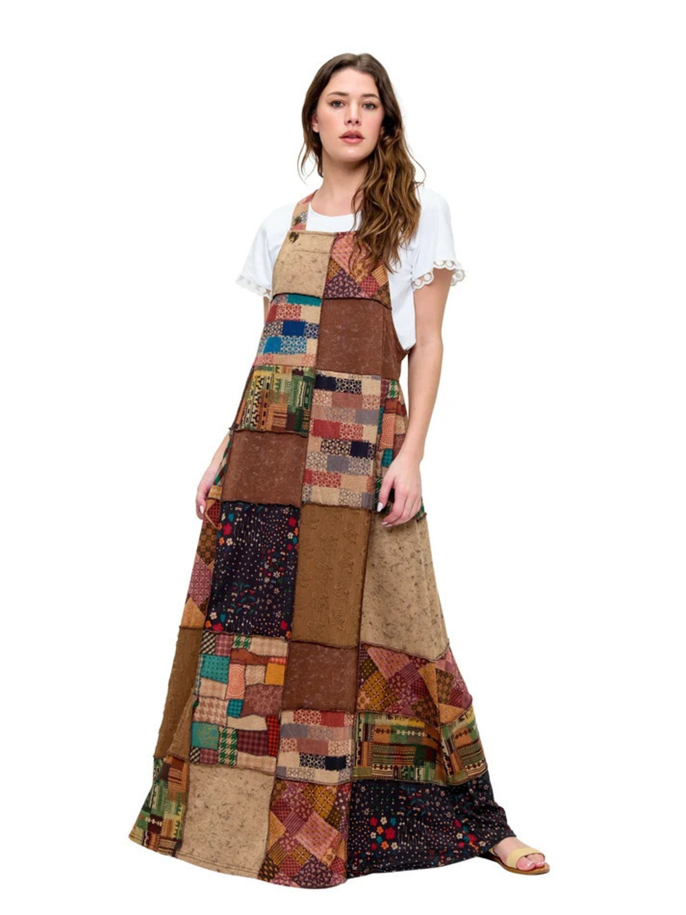 26863 | Yak & Yeti Earthy Brown Patchwork Overall Maxi Dress  | Sizes S/M-L/XL